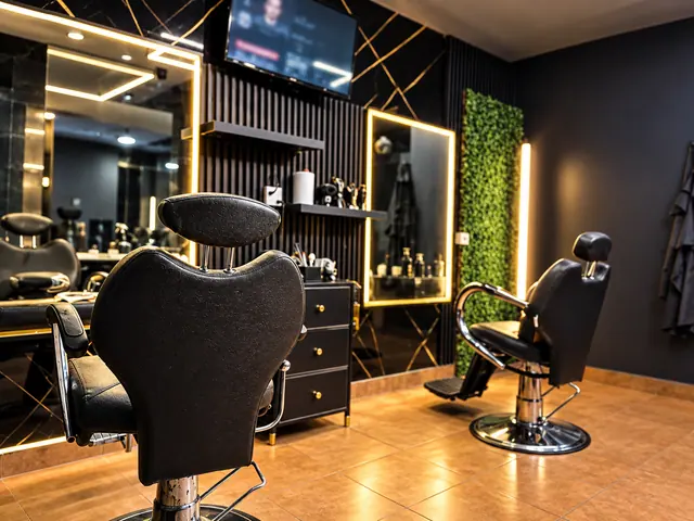 Interior de Stev-Barber Studio: dos sillas de barbero, espejos con luz y pared verde